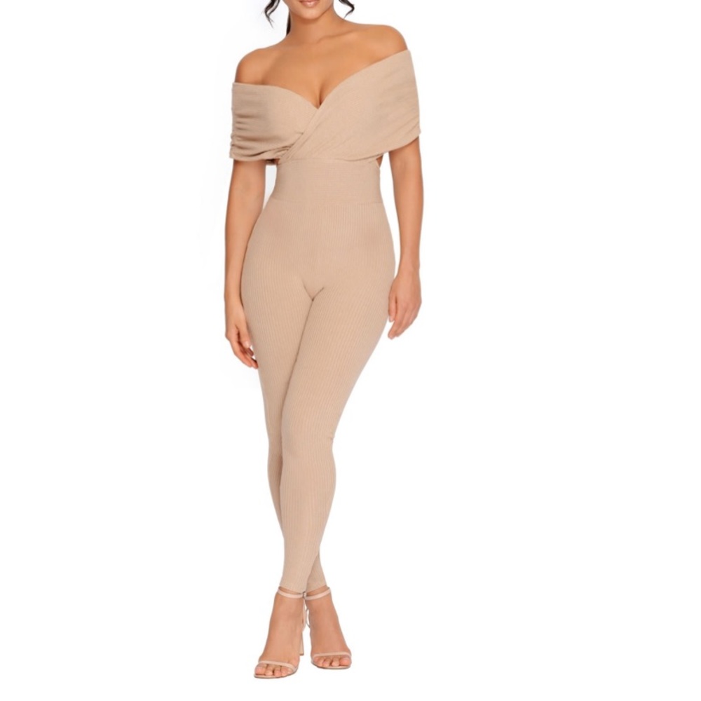 NWT OHPOLLY Ribbed Off Shoulder SkinnyLeg Jumpsuit